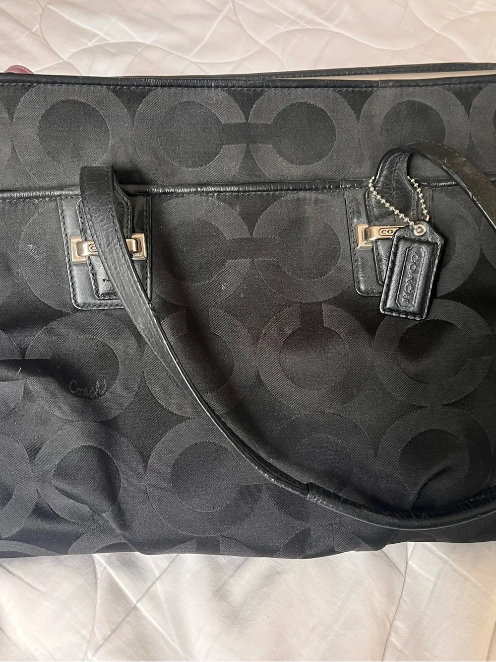 Coach Black Signature Jacquard Tote with Leather Trim